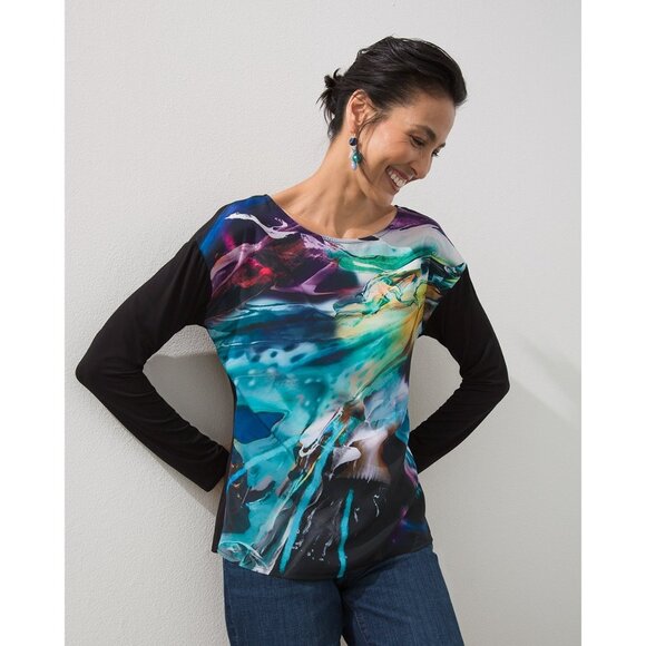 Chico's Touch of Cool Watercolor Knit Woven Long Sleeve Tee Size 2 Large Black - Picture 1 of 10